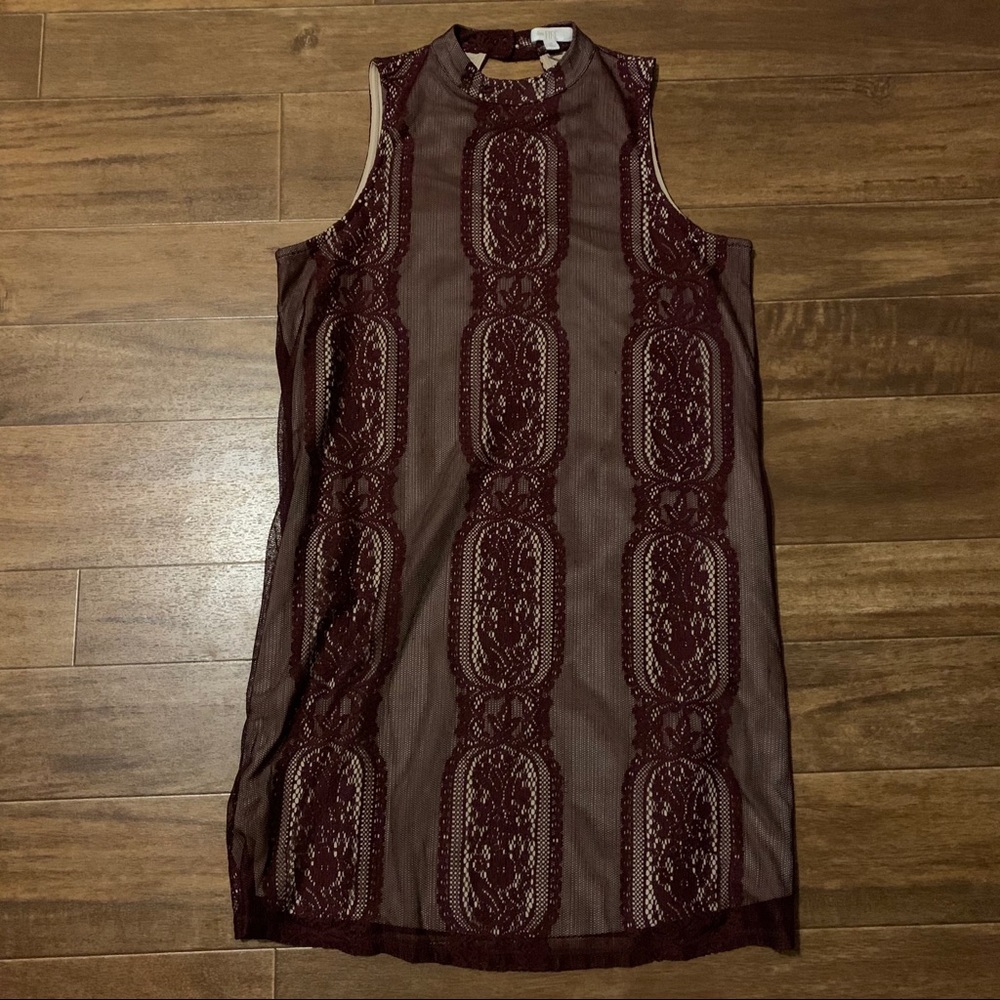 Burgundy lace overlay minidress; M; lightly worn